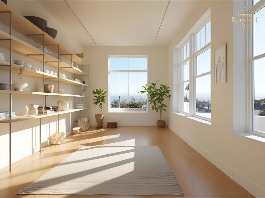 Minimalist home organization in a bright Los Angeles DTLA loft with open shelving and neutral color palette