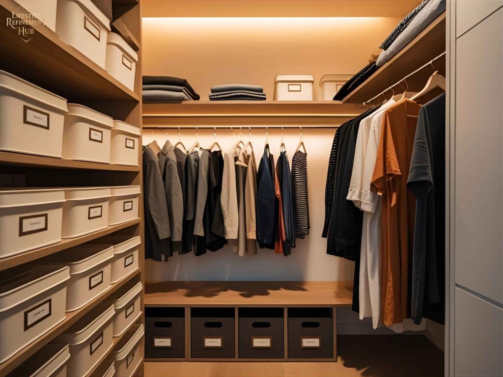 Organized Los Angeles micro-apartment closet with labeled bins, slim hangers, and efficient minimalist storage solutions