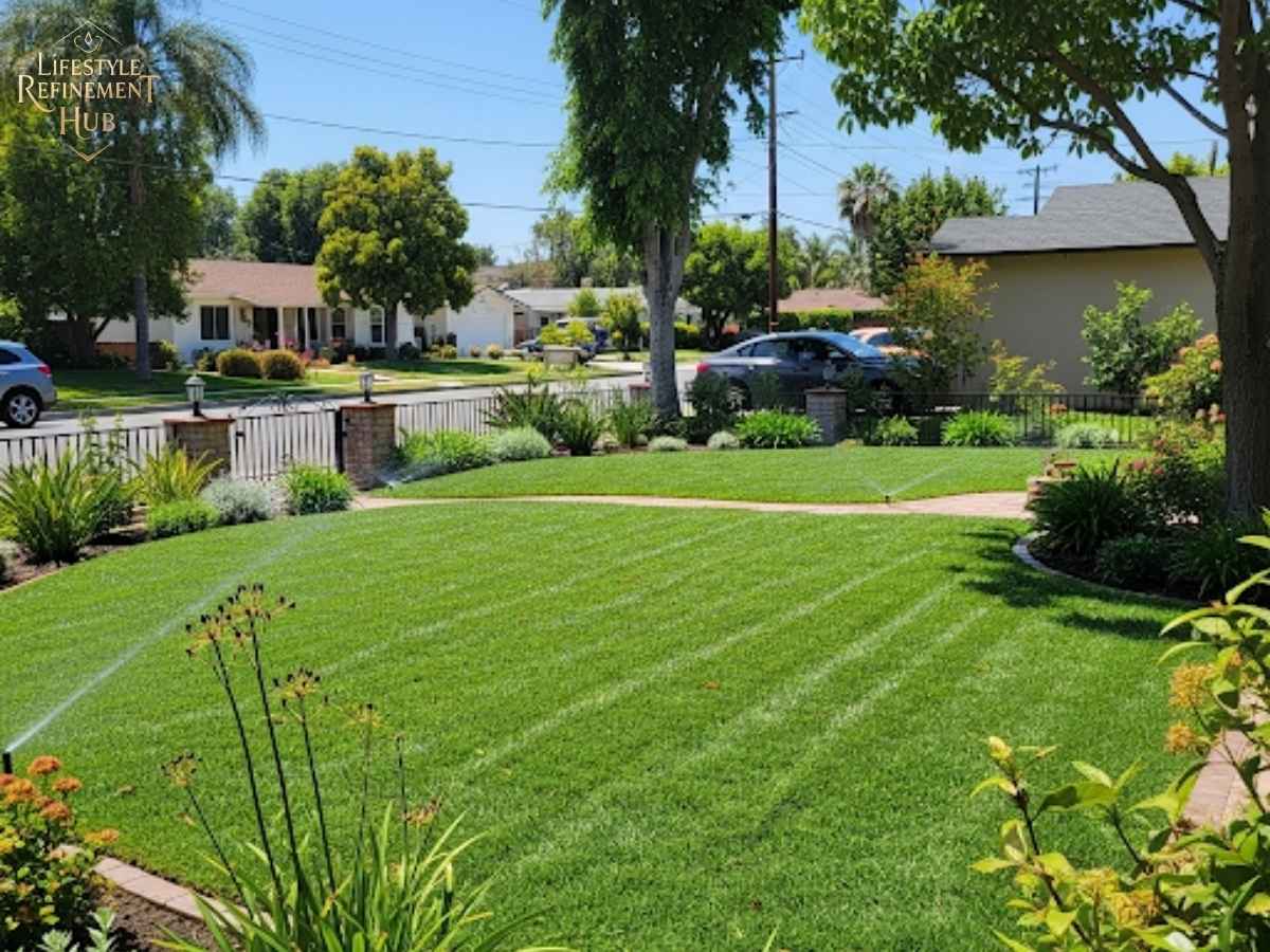 Front yard lawn in Los Angeles neighborhood showing seasonal lawn care techniques