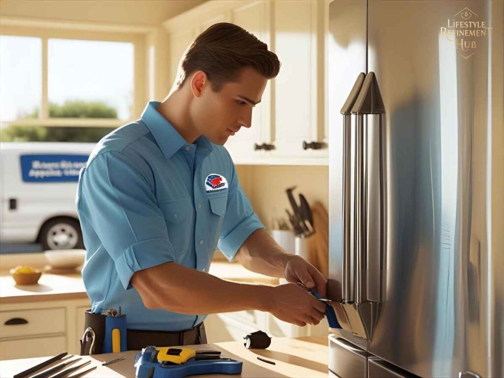 Technician repairing a refrigerator in a Los Angeles home, highlighting local appliance service options