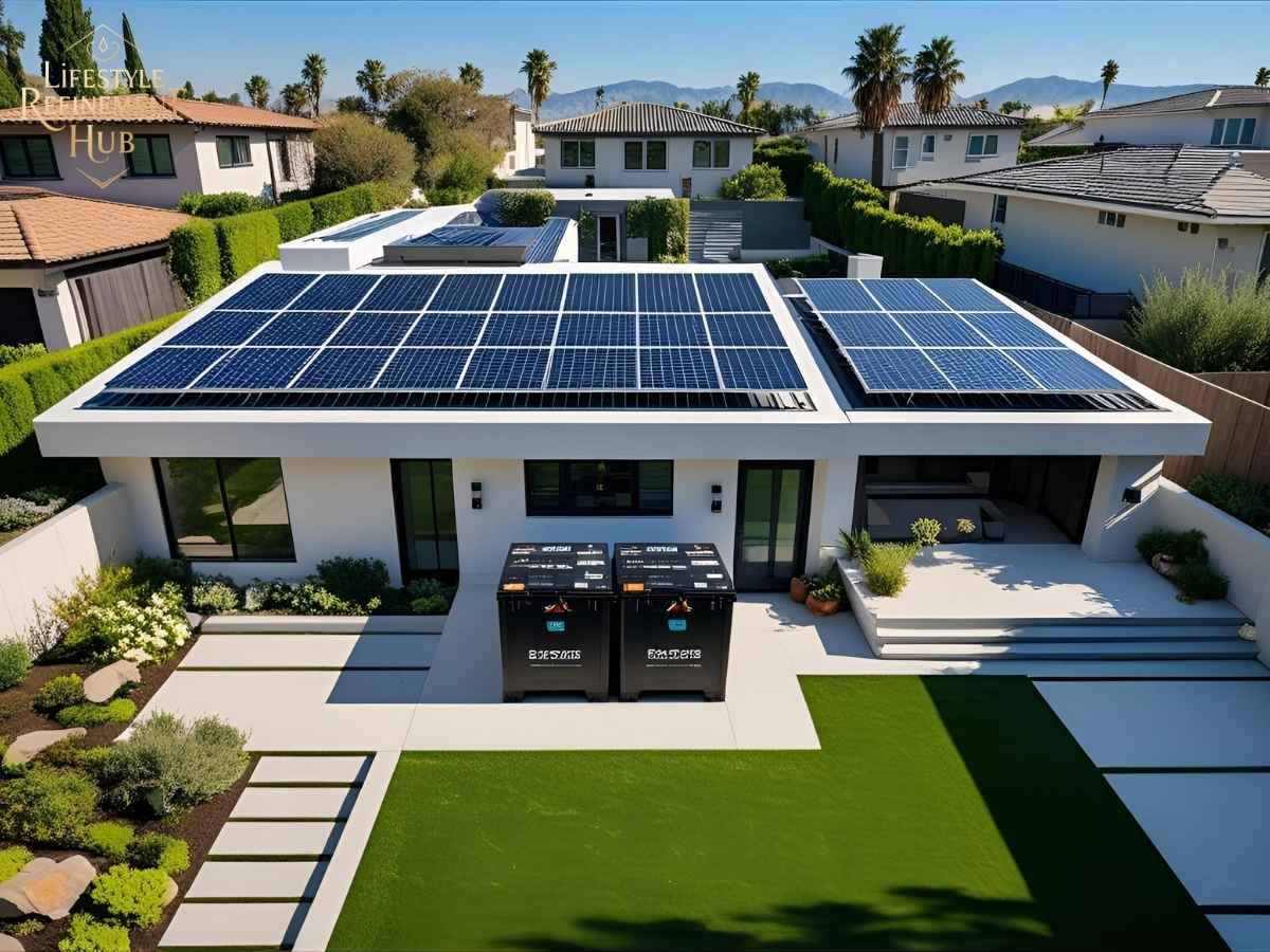 Modern Los Angeles home with rooftop solar panels and a solar battery backup system in a bright residential backyard