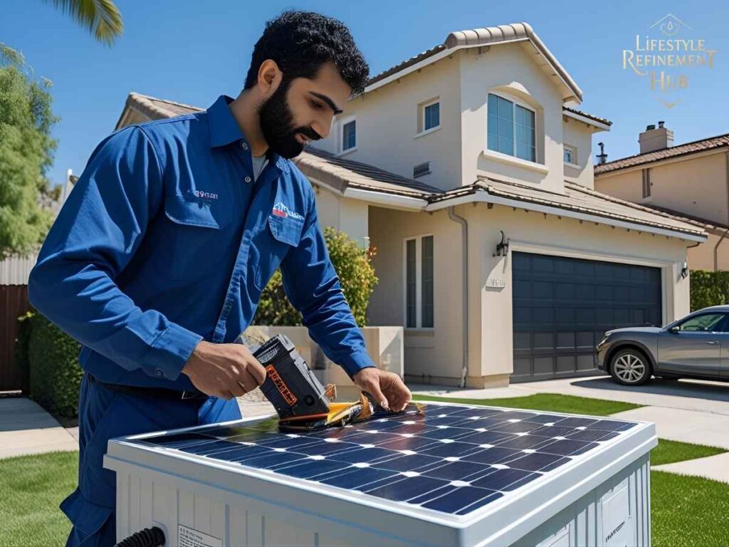 Technician installing a solar battery backup option in a Los Angeles neighborhood home during sunny weather