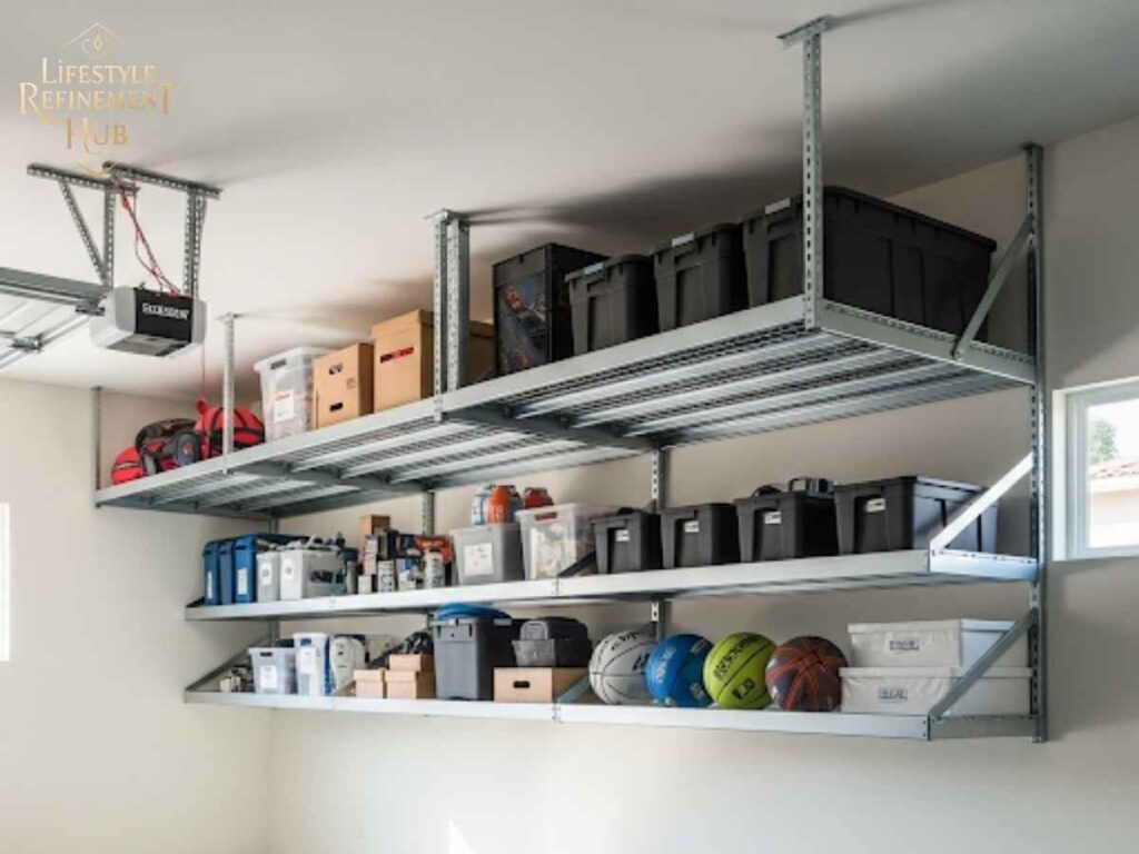 Overhead garage storage racks installed in Los Angeles home for space efficiency