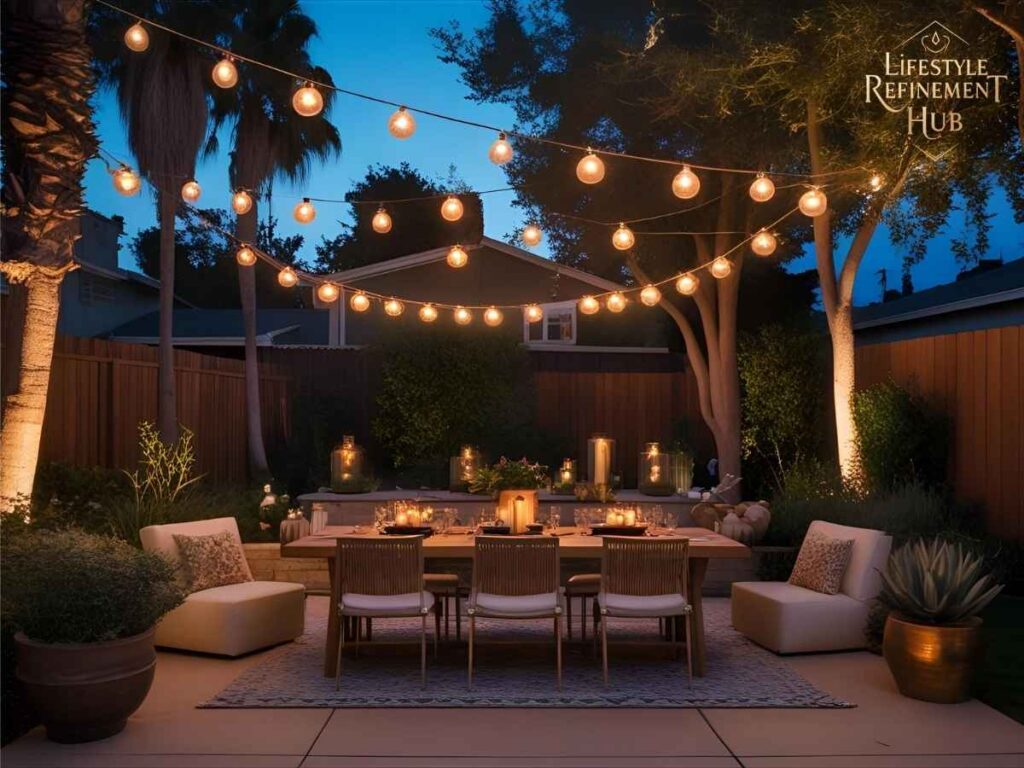 San Francisco Night-Light Tutorial for Outdoor Entertaining in Los Angeles 1 San Francisco style night-light outdoor entertaining setup in a Los Angeles backyard at dusk