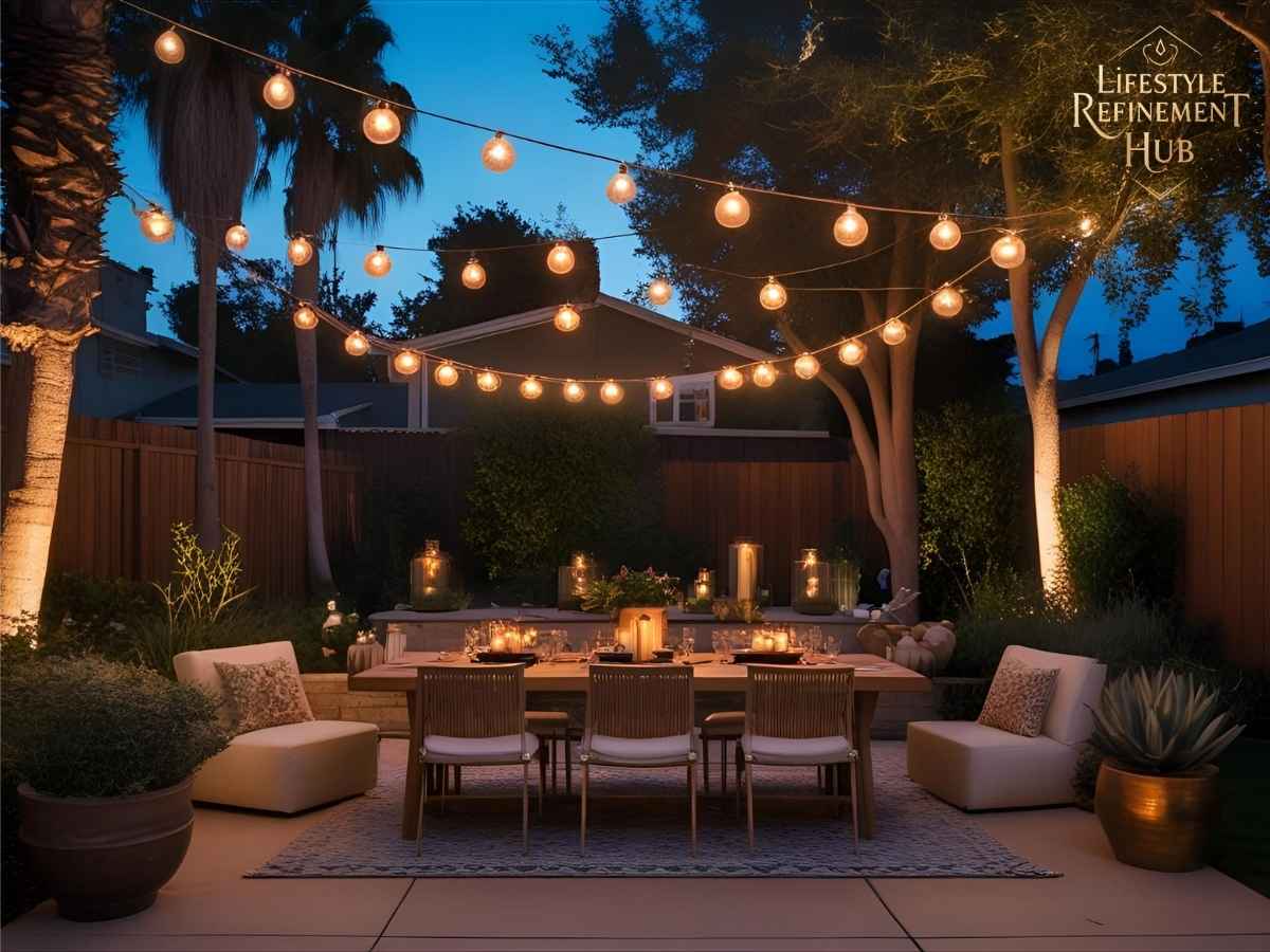 San Francisco style night-light outdoor entertaining setup in a Los Angeles backyard at dusk