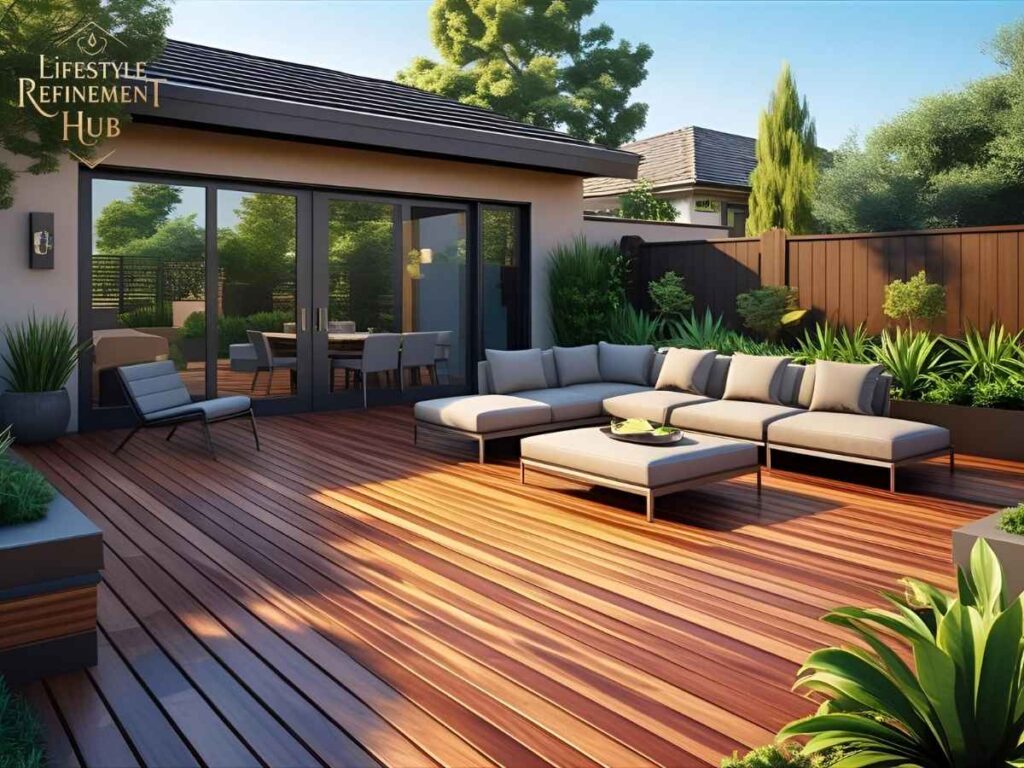 Restored wooden backyard deck in Los Angeles with protective waterproof sealing