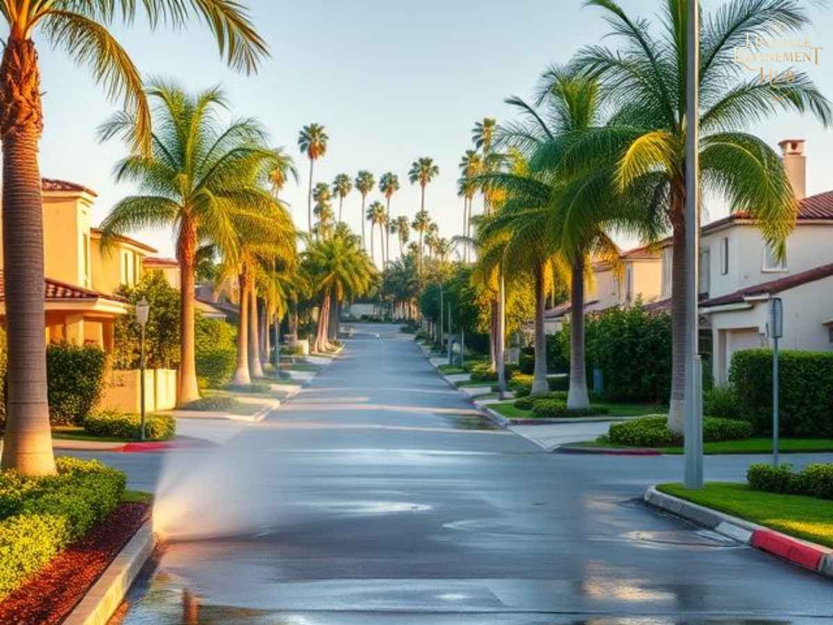 Driveway being pressure-washed near Balboa Island, Los Angeles neighborhood with palm trees in the background