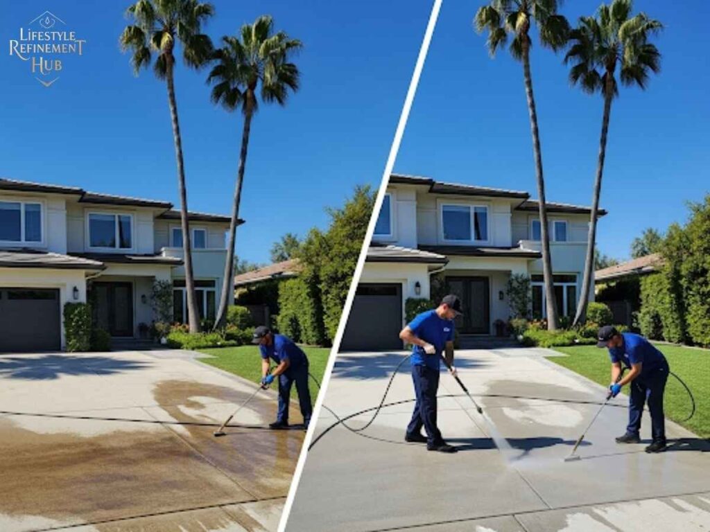 Balboa Island Driveway Pressure-Washing Guide for Los Angeles 2 Professional cleaning crew pressure-washing a concrete driveway in Los Angeles, showing clear before and after results