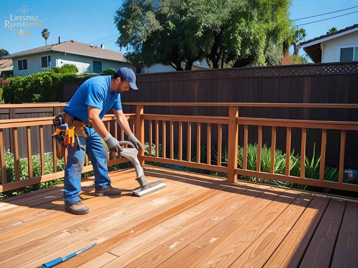 Linda Vista handyman repairing wooden deck under Los Angeles sunshine