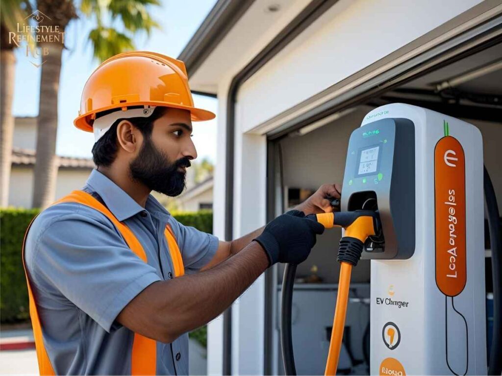 EV Charger Installation in North San Jose, Los Angeles: Your Local Guide 1 Electrician installing Level 2 EV charger in Los Angeles garage with palm trees in the background