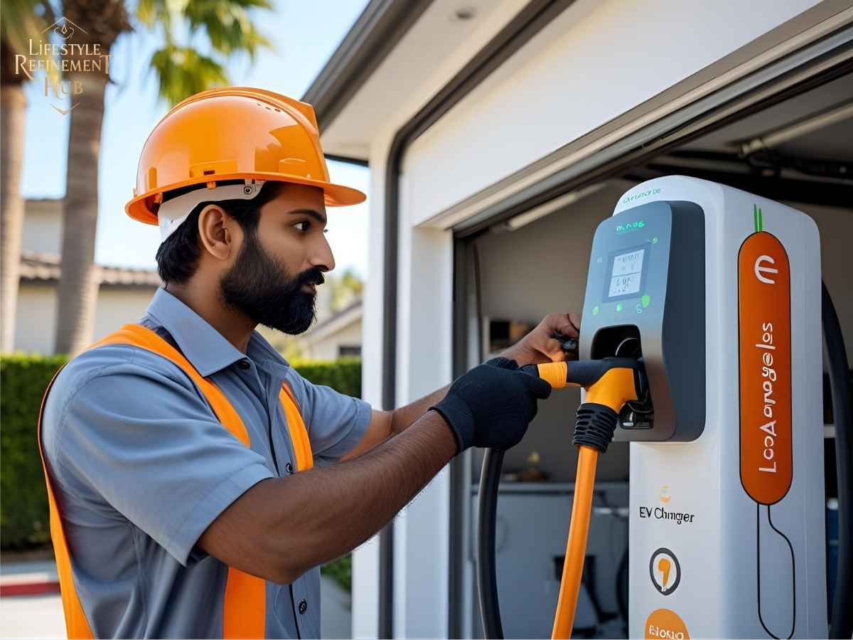 Electrician installing Level 2 EV charger in Los Angeles garage with palm trees in the background