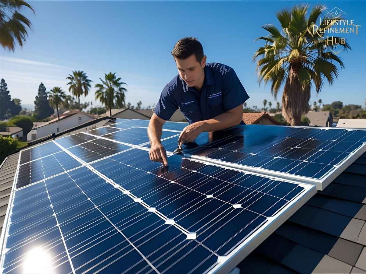 Technician cleaning solar panels on a Saratoga rooftop in Los Angeles to maximize system performance